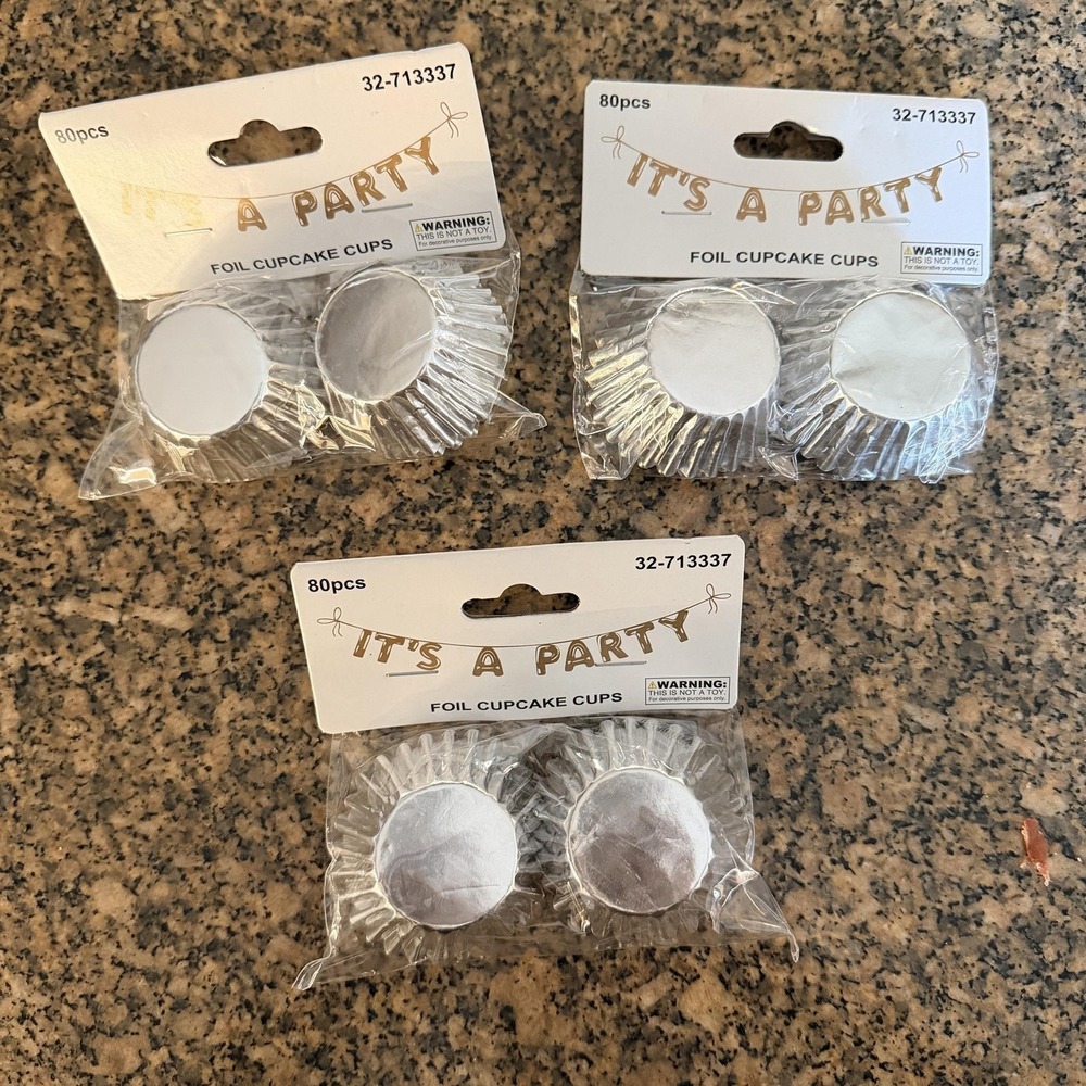 It's A Party Foil Mini Cupcake‎ Cups 3 Packs of 80pcs Each Silver Liners Baking